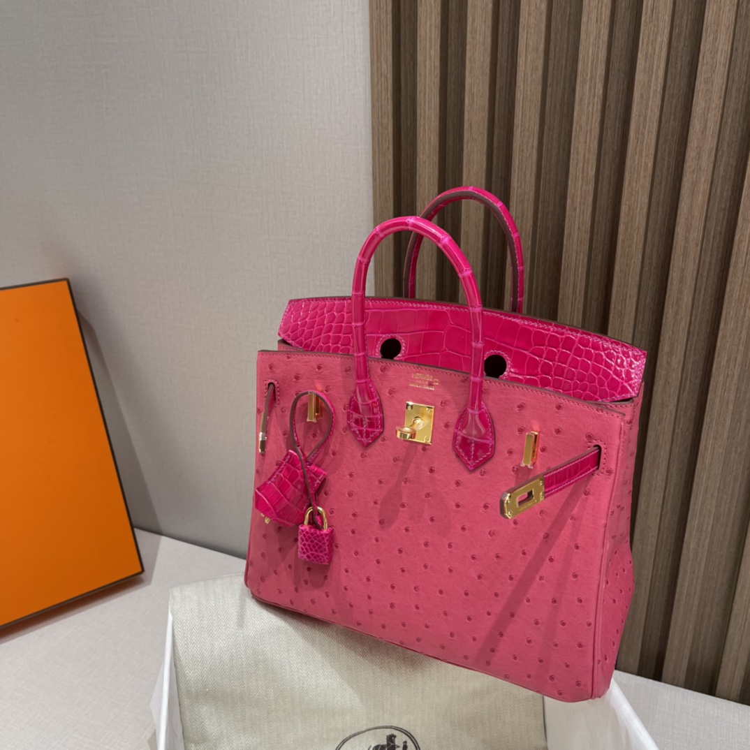 에르메스 버킨백25 티리엔 핑크 금장 타조가죽 악어가죽 핸들